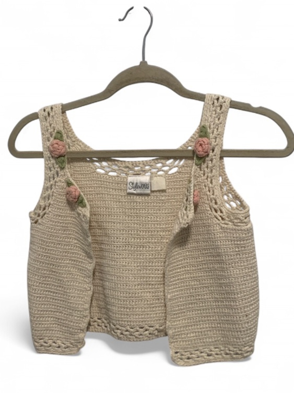 Vintage Style Works Cream Crochet Open Front Vest with Pink Rose Accents